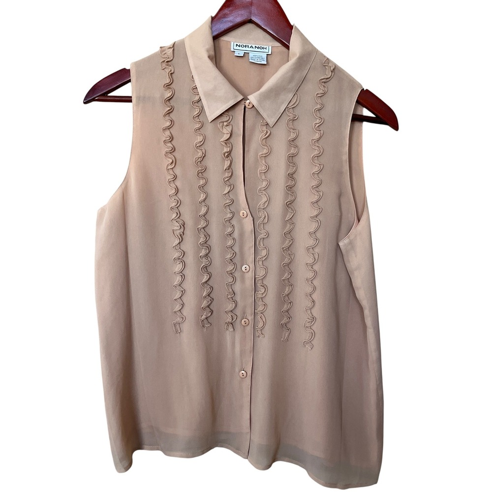 Nora Noh Tan 100% Silk Ruffle Front Sleeveless Button Down Blouse Size Large